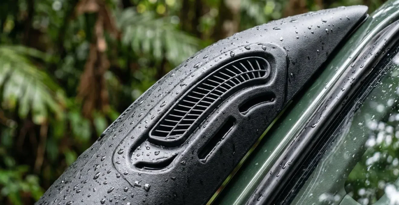 Vue technique d'un système snorkel installé sur un 4x4, montrant le flux d'air depuis la prise haute