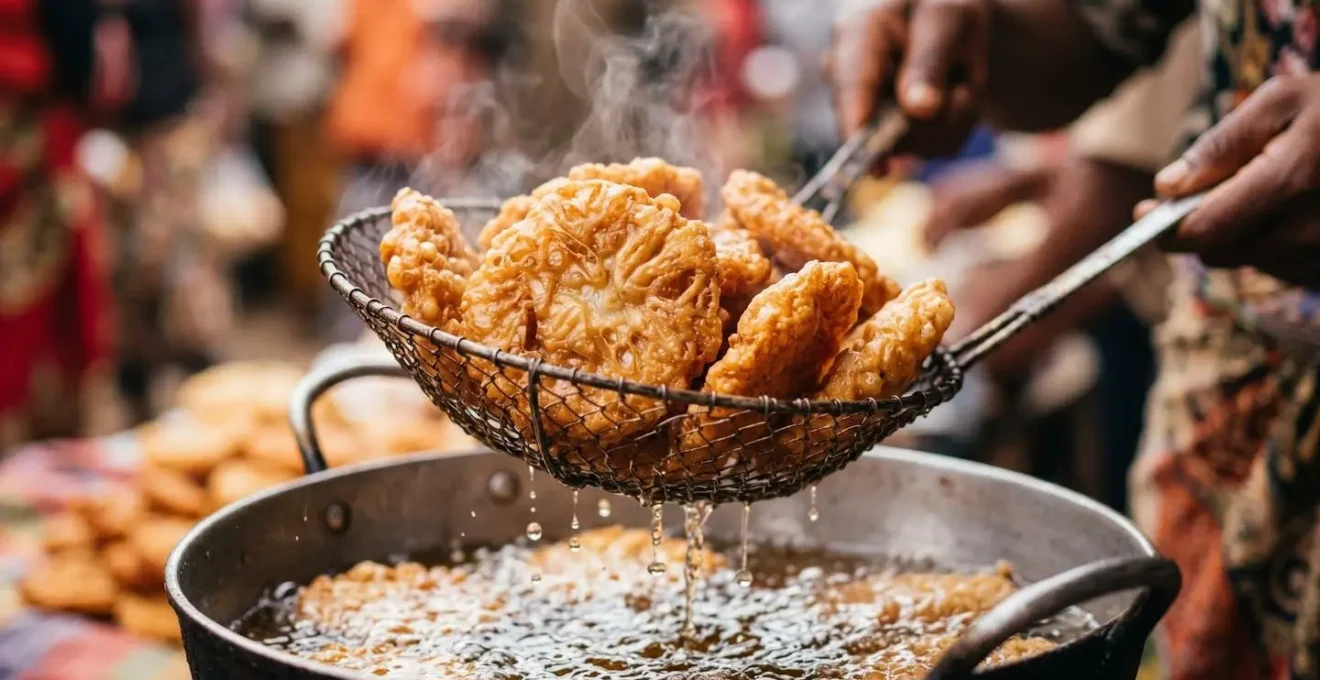 Stand de street food animé à Madagascar avec des plats traditionnels fraîchement préparés