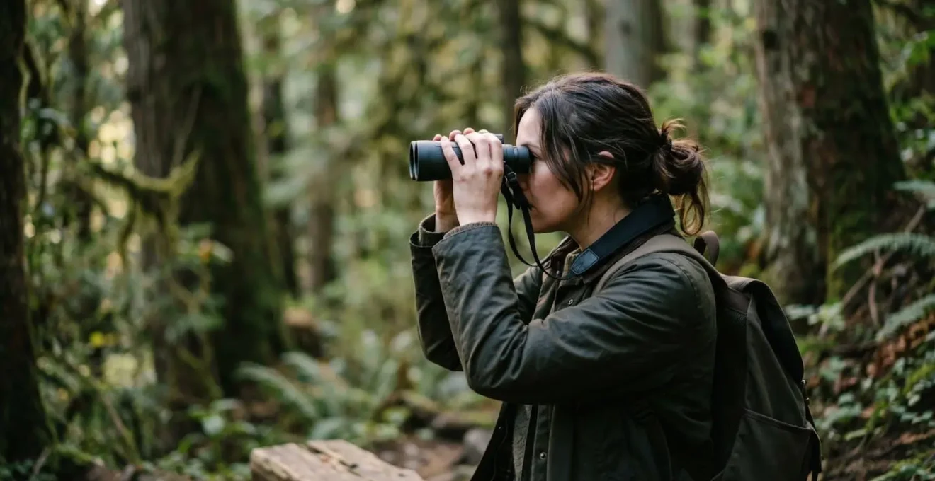 Observateur utilisant des jumelles avec technique de balayage systématique en forêt