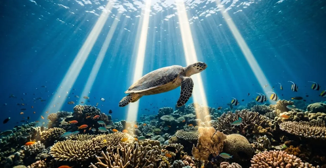 Tortue imbriquée nageant librement près du récif corallien de Nosy Tanikely