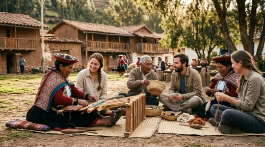 Rencontre entre voyageurs et communauté locale dans un village rural