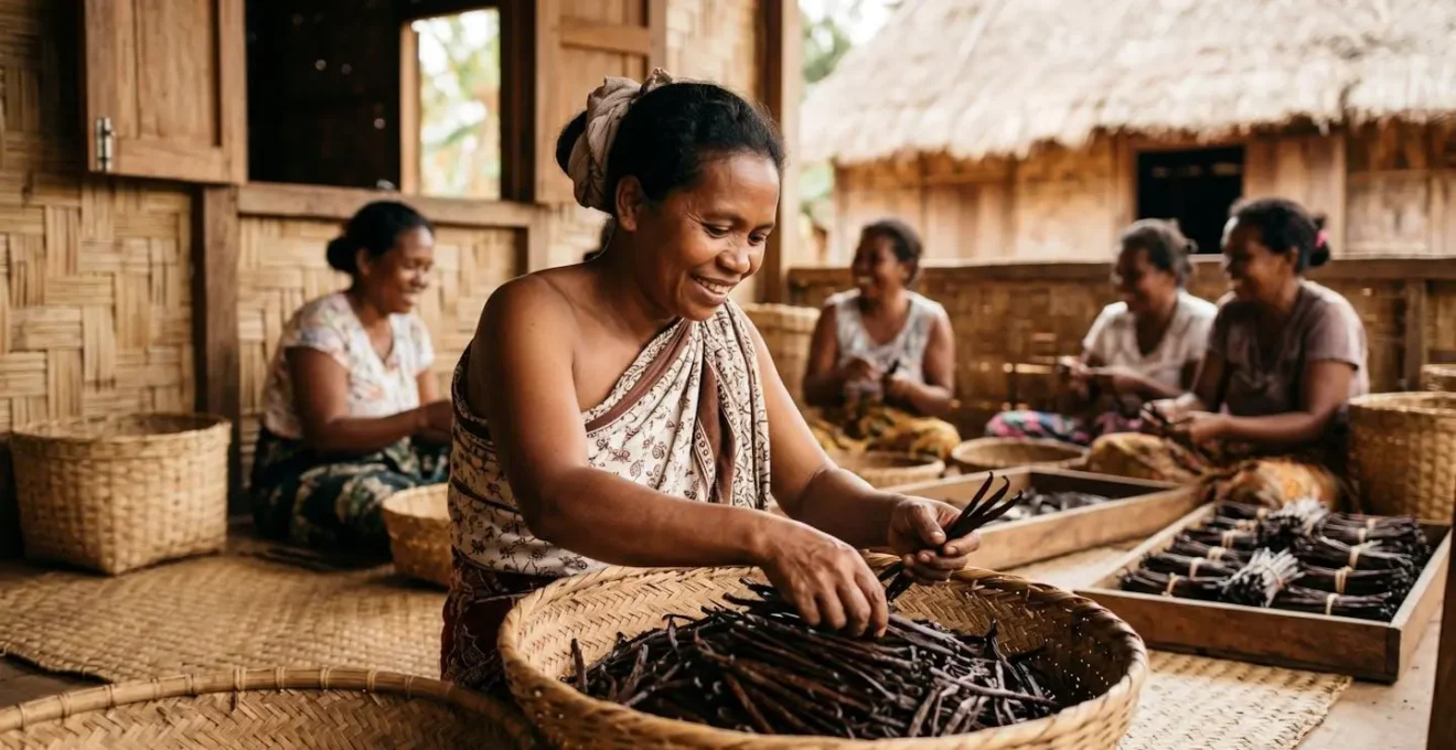Portrait de femmes malgaches travaillant ensemble au tri de gousses de vanille dans une coopérative rurale