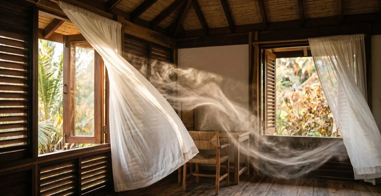 Coupe transversale d'un bungalow bioclimatique montrant la circulation d'air naturelle