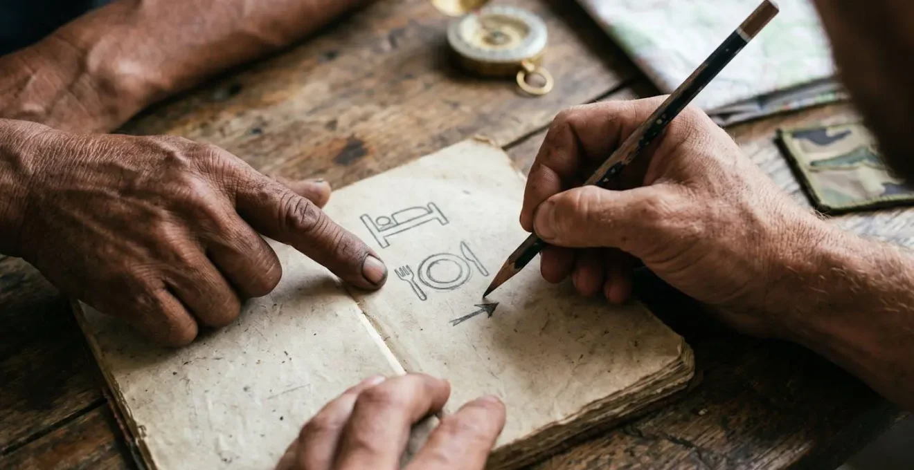 Mains de voyageur dessinant des symboles simples sur un carnet tandis qu'un habitant local observe avec intérêt