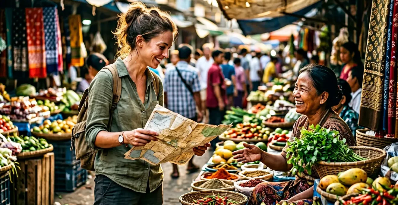 Un voyageur souriant au milieu d'un marché local animé, échangeant avec des marchands dans une atmosphère chaleureuse et colorée