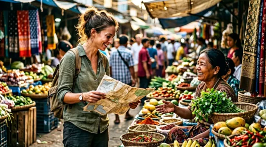Un voyageur souriant au milieu d'un marché local animé, échangeant avec des marchands dans une atmosphère chaleureuse et colorée