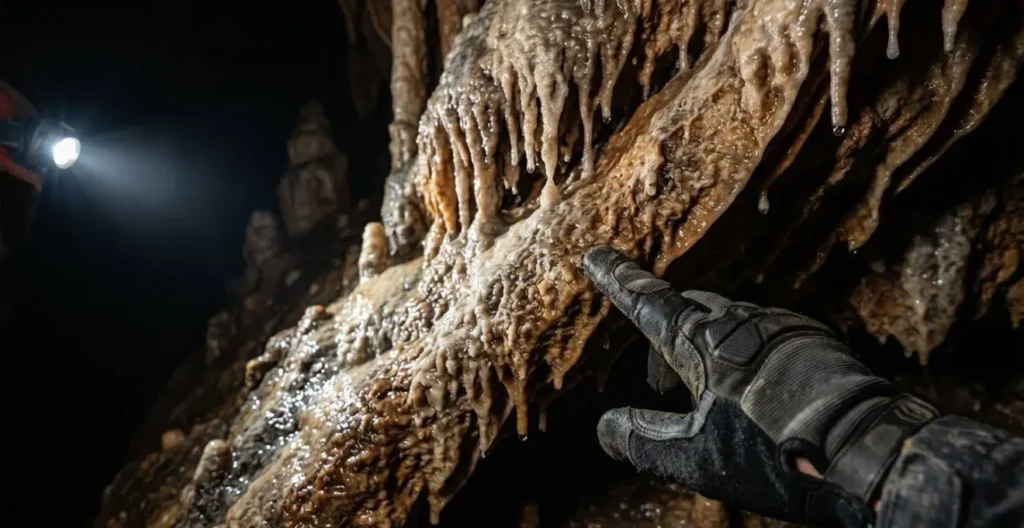Spéléologue descendant dans une grotte calcaire avec formations stalactites éclairées par sa lampe frontale